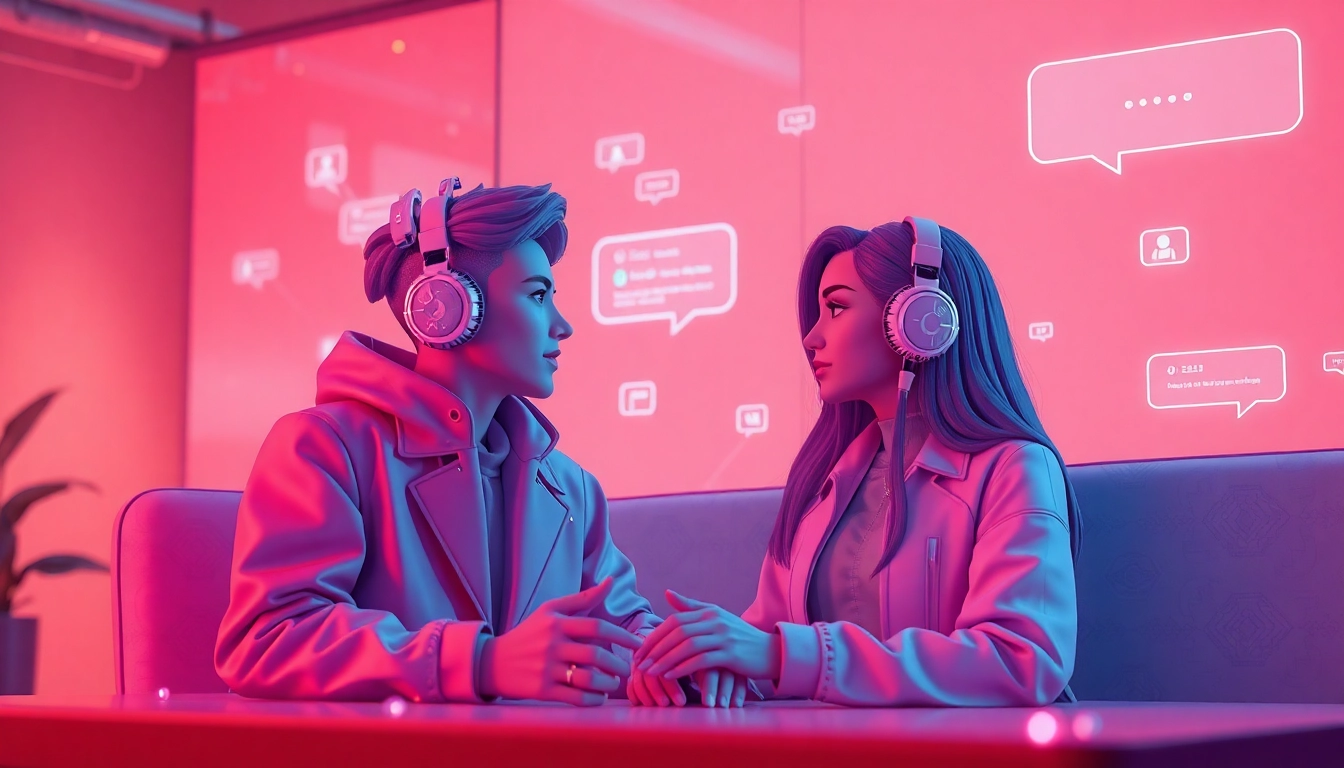 Engaging free ai sex chat between AI characters, highlighting playful interaction and digital ambiance.