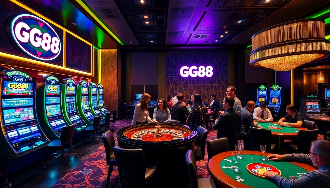 GG88 gaming area showcasing vibrant slot machines and an exciting roulette wheel environment.