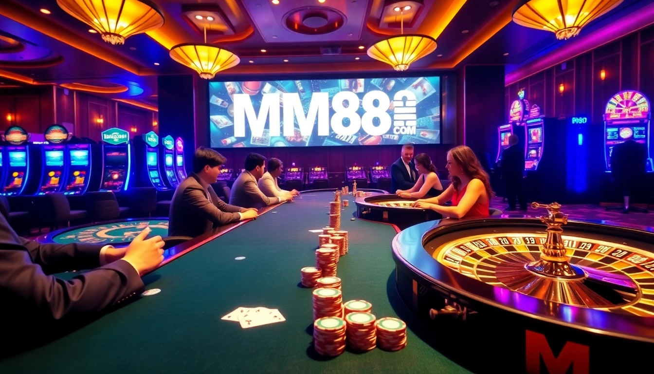 Players enjoying high-stakes gaming with the vibrant MM88 COM logo in a luxurious casino setting.