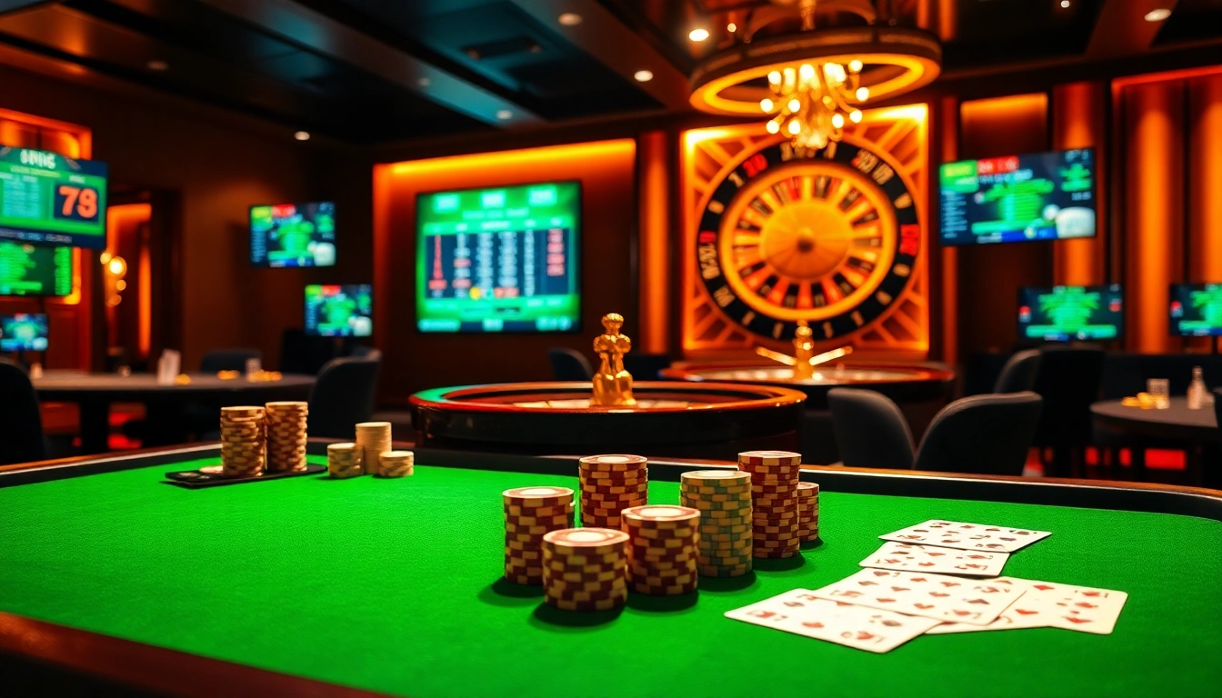 Experience the thrill of gambling at https://kjc.jp.net/ with poker chips and a roulette wheel in an upscale casino setting.