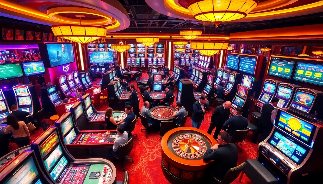 Players enjoying a thrilling night at NHÀ CÁI MM88 casino with vibrant gaming tables and excitement.