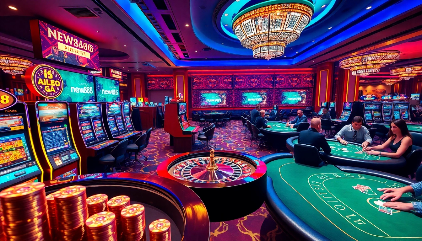 Dynamic casino setting with players enjoying games at new888, featuring slot machines and poker tables.