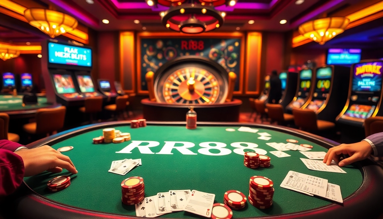 Experience high-stakes gambling at RR88's luxurious casino tables with poker chips and cards.