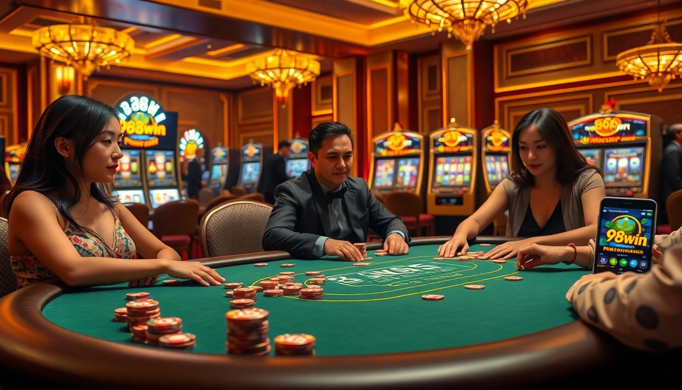 Players enjoying a high-stakes poker game at 98win casino, surrounded by luxurious decor and vibrant atmosphere.