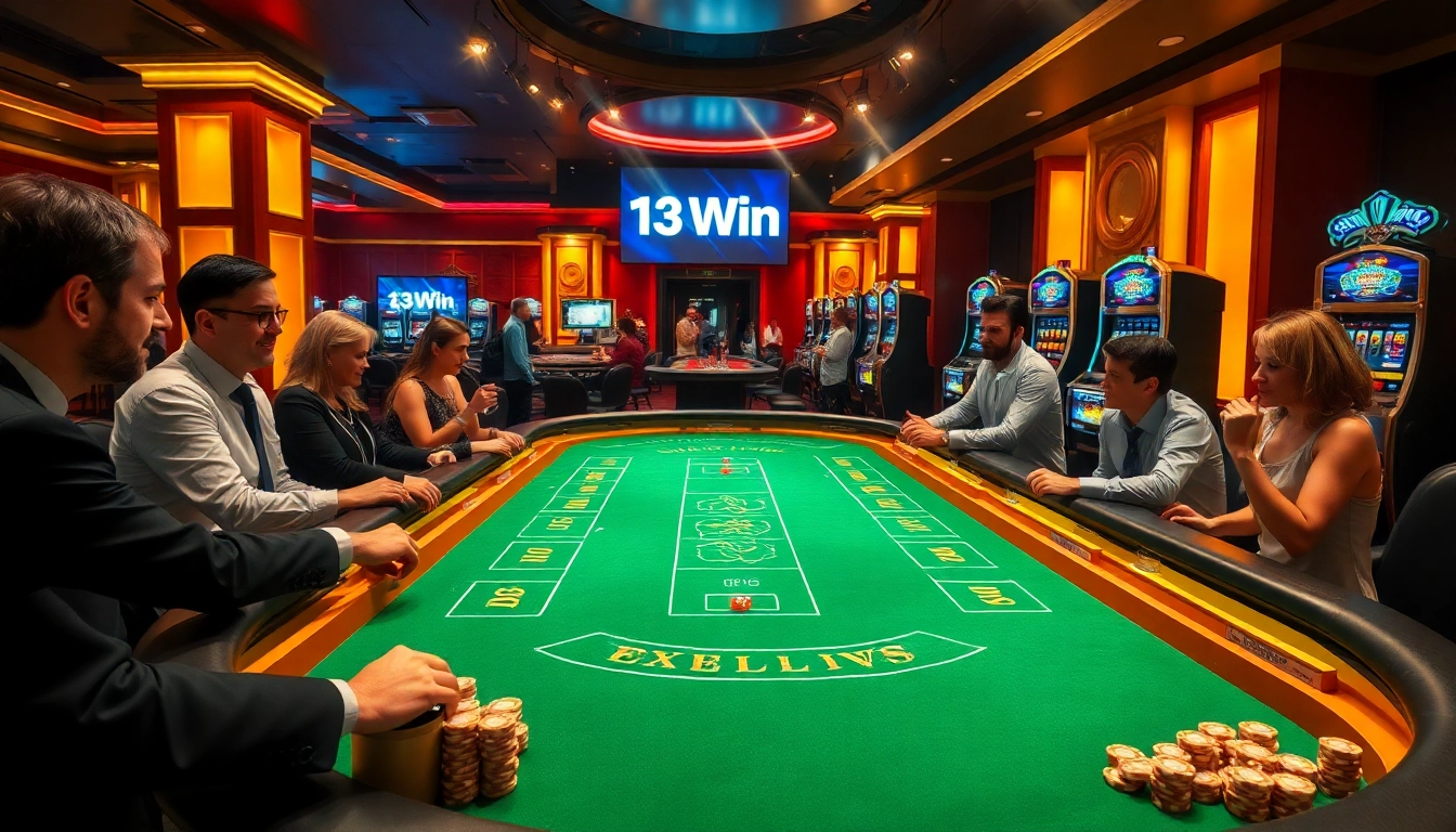 Experience the excitement of 13Win at a vibrant craps table, where players enjoy a thrilling casino atmosphere.