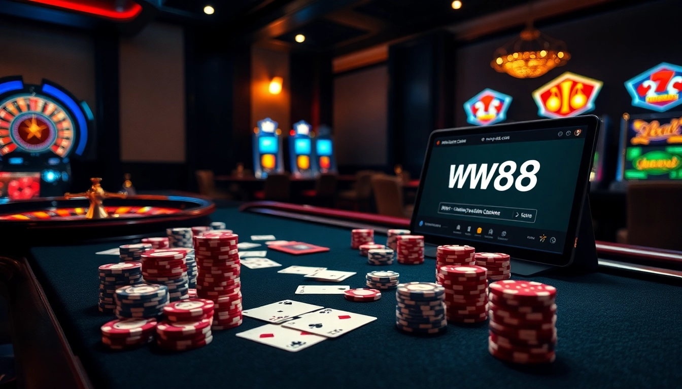 Play poker and win at https://ww88b.com/ with vibrant chips and a roulette wheel in a luxurious online casino.