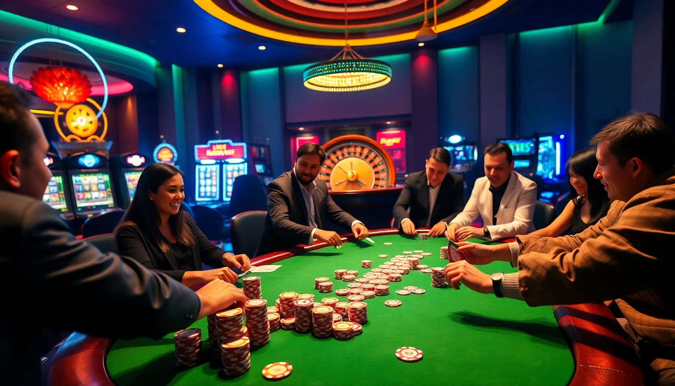 Experience the thrill of gambling at https://xx88.bar/ with a vibrant casino scene featuring poker tables and excited players.