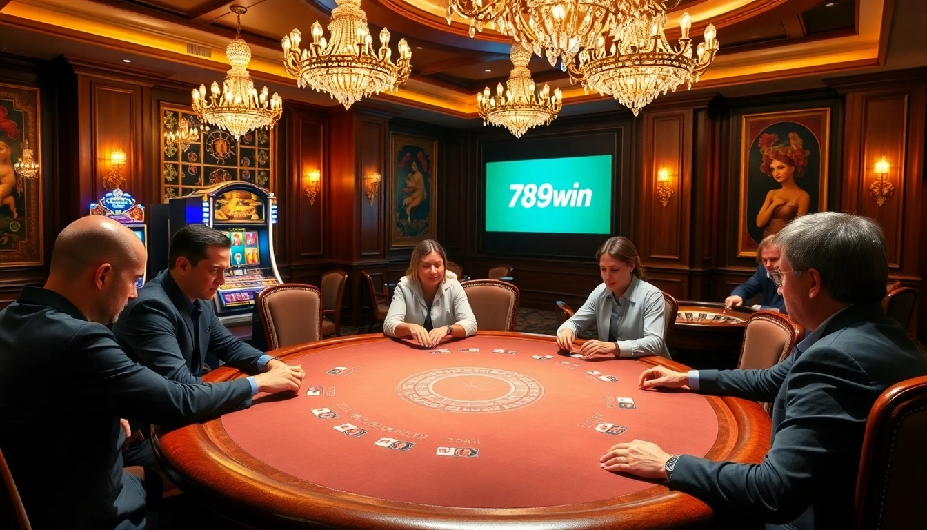 Intense poker action at a luxurious casino table, showcasing 789win excitement and luxury.