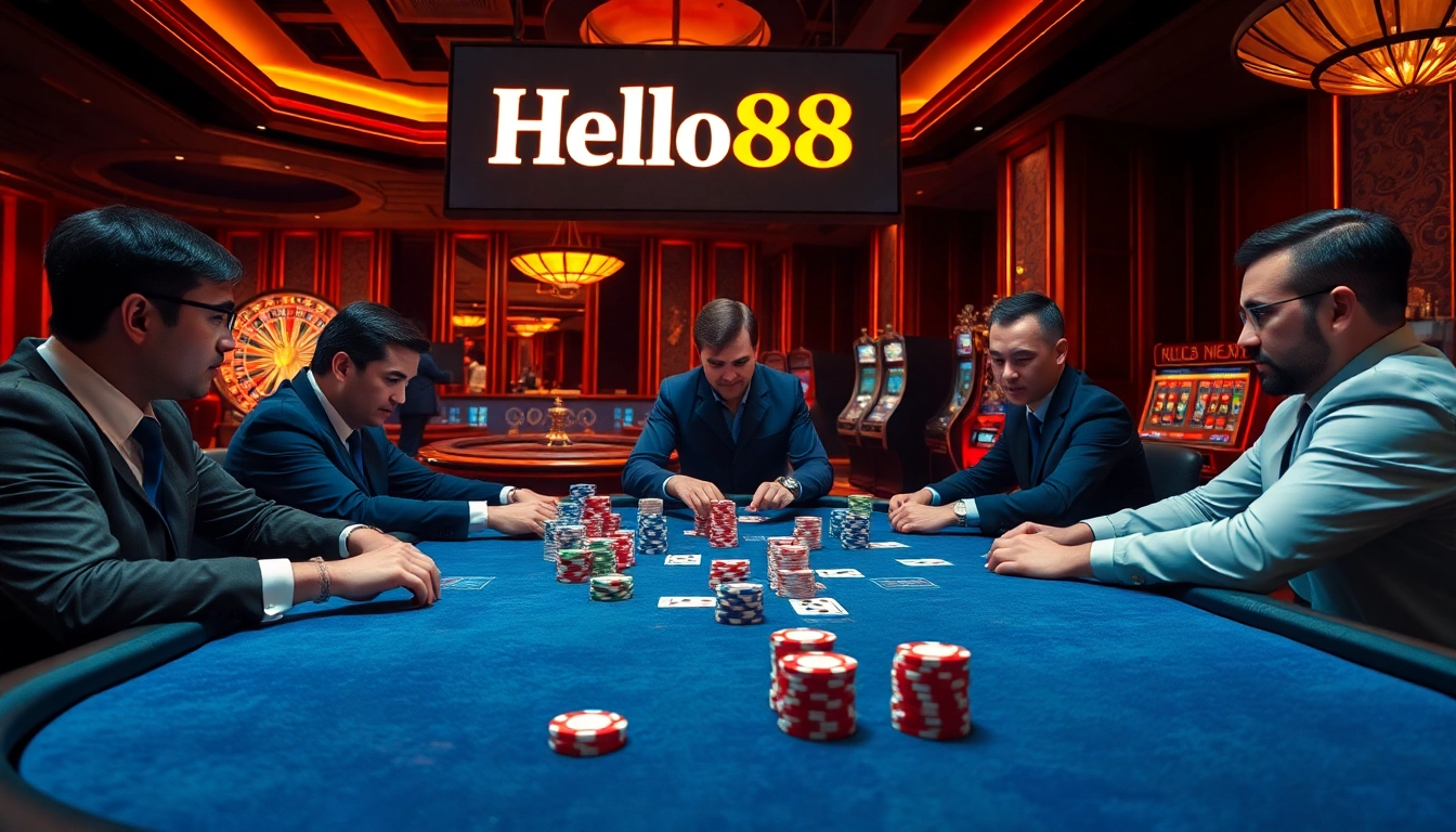 Exciting poker game at Hello88 casino with players, chips, and vibrant atmosphere.