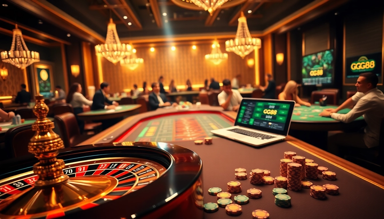 Players enjoying various games at GG88 casino, showcasing excitement and luxury.