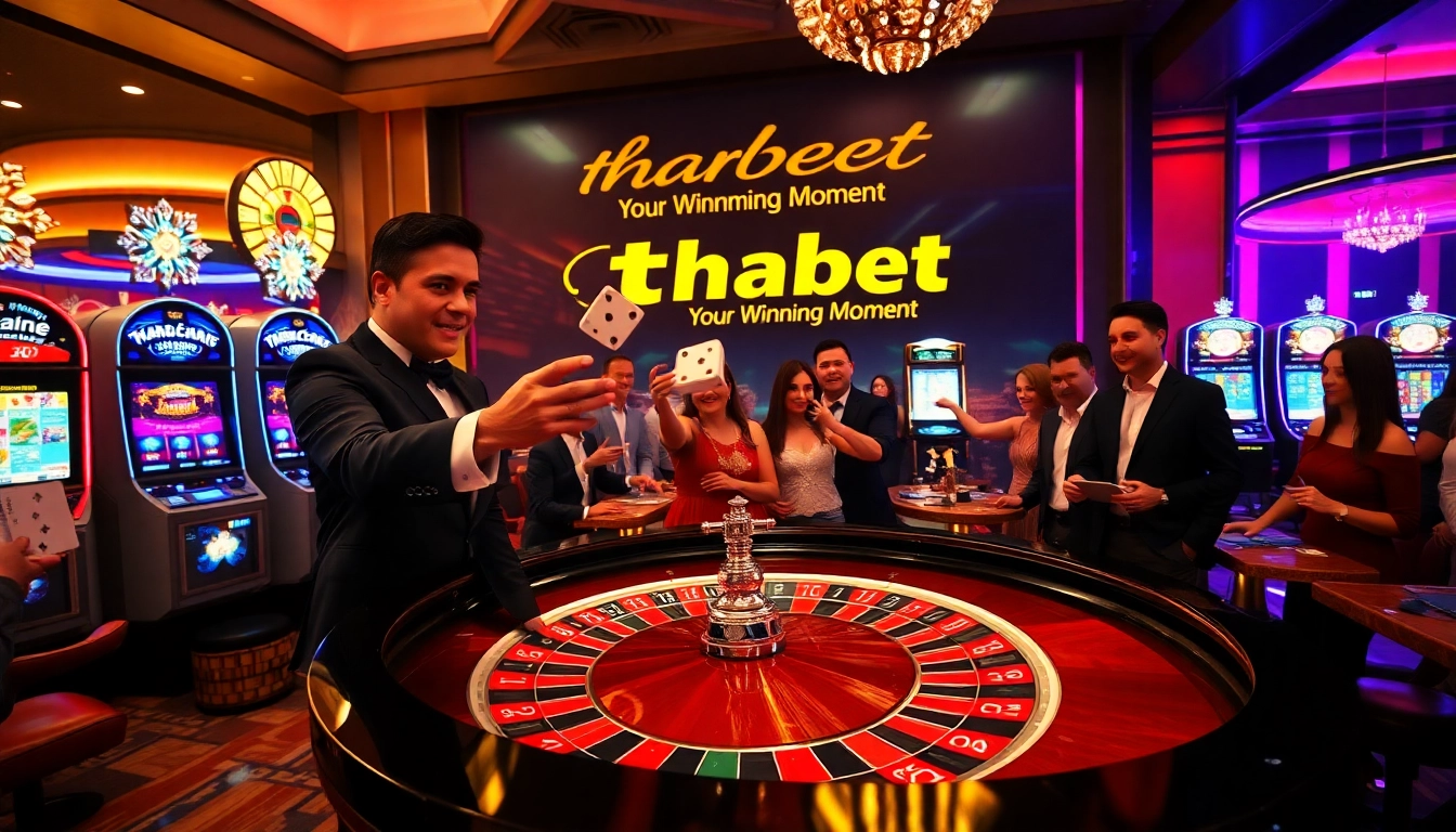 Players enjoying a thrilling game at Thabet casino with vibrant roulette and slot machines.