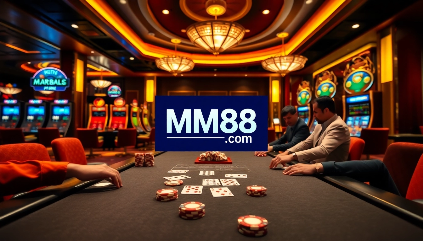 Players enjoying high-stakes poker at a luxurious casino table with MM88 COM branding.