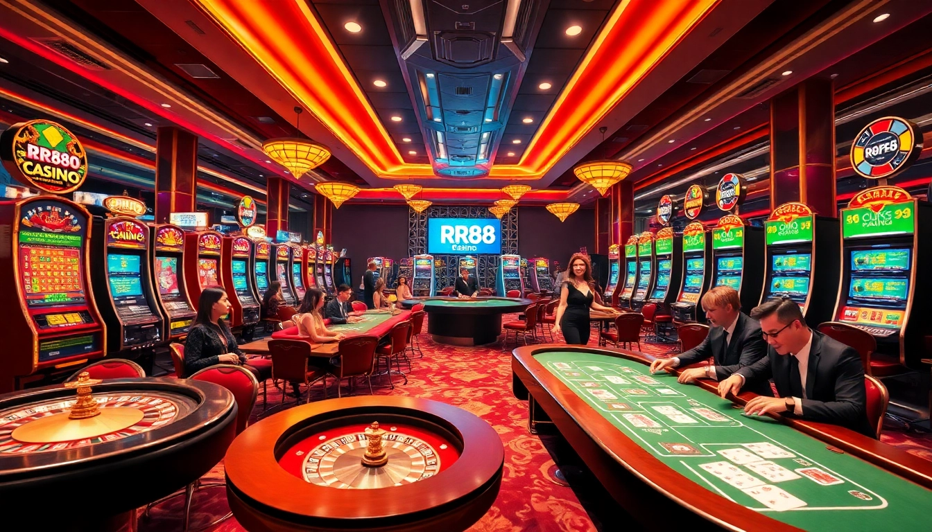 Players enjoying thrilling games at RR88 Casino, featuring vibrant tables and slots.