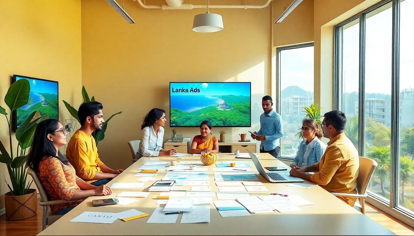 Lanka Ad creative workspace showcasing diverse professionals brainstorming vibrant Sri Lankan ads.