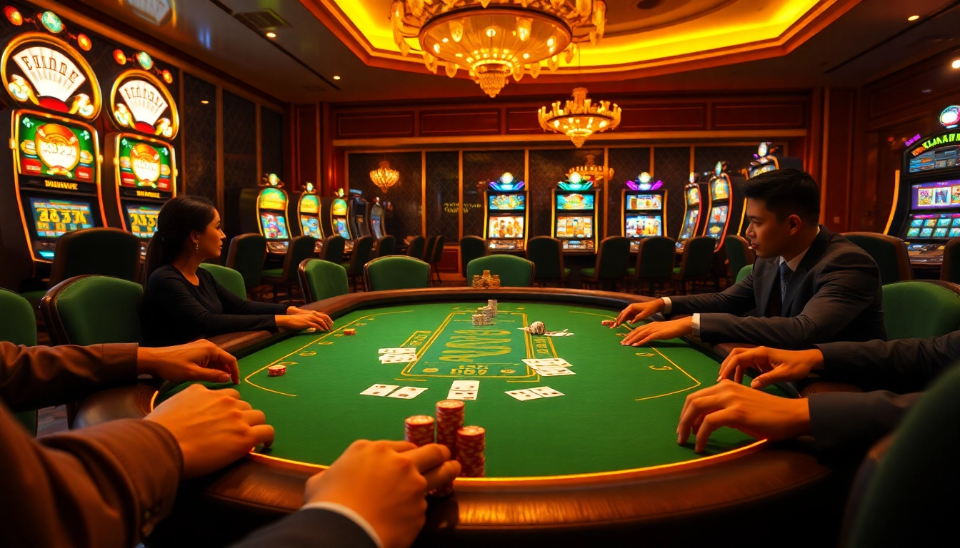 Players enjoy a thrilling poker game at the S8 casino table, surrounded by vibrant slot machines.