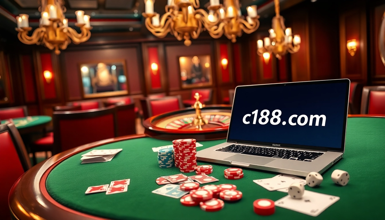 Experience exhilarating gaming action at c168.com with vibrant poker chips and casino tables.