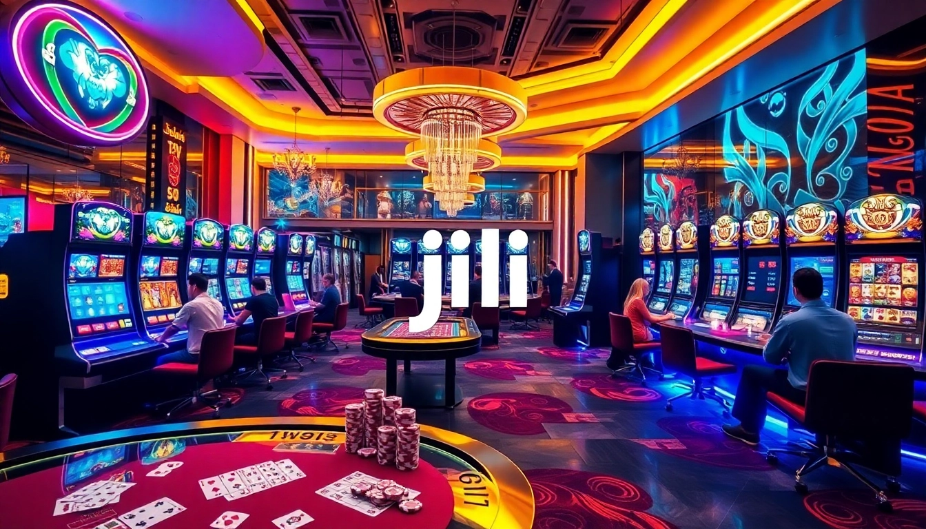 Experience thrilling gameplay with JILI in a vibrant online casino environment filled with slot machines and poker games.