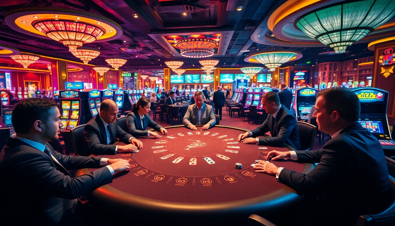 Casino scene with engaging gamblers and Hi8823 promotions highlighting excitement and winning potential.