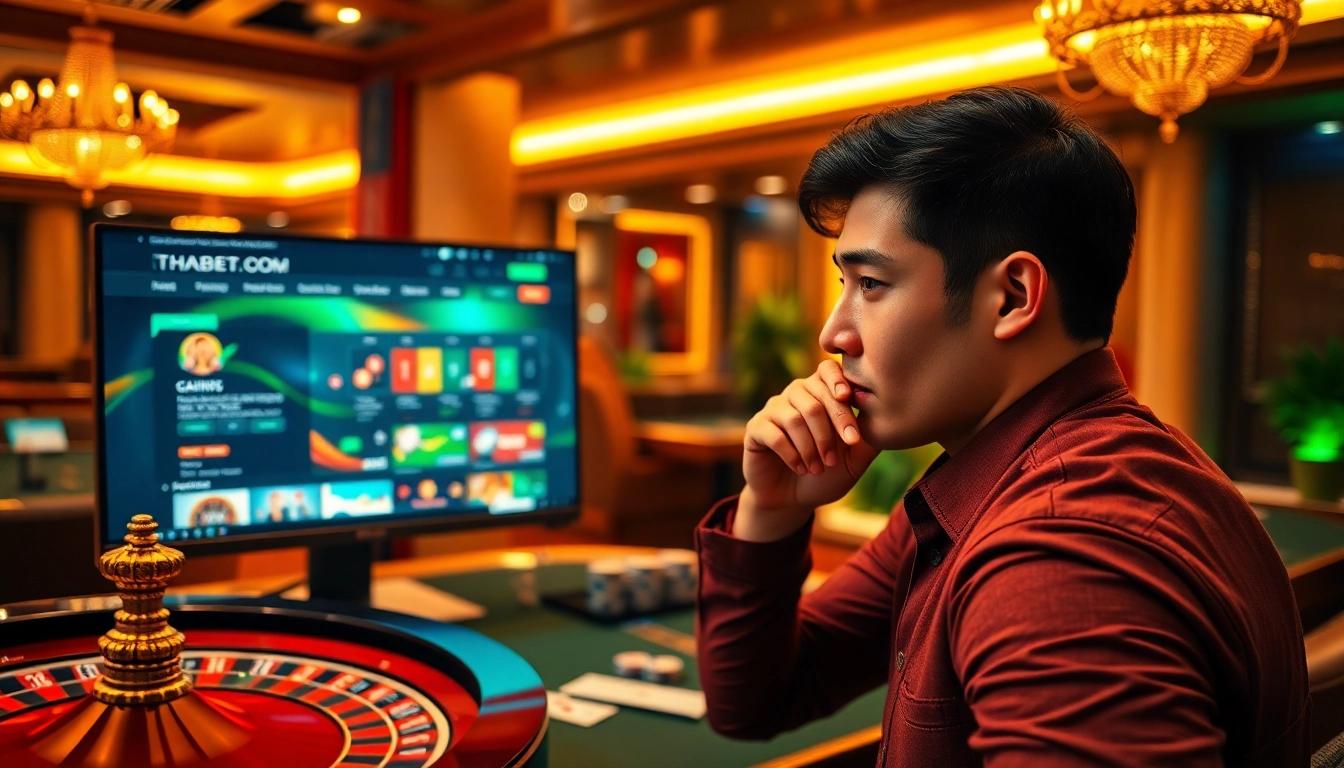 Experience the thrill of thabet.com with a vibrant casino setting showcasing games and excitement.