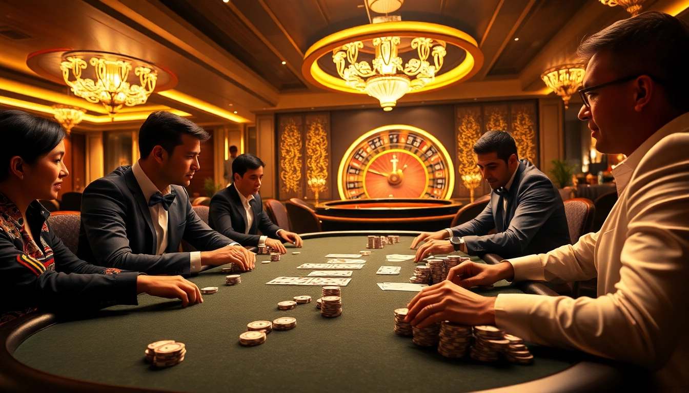 Professional players gambling with 789bet poker chips at an elegant casino table.