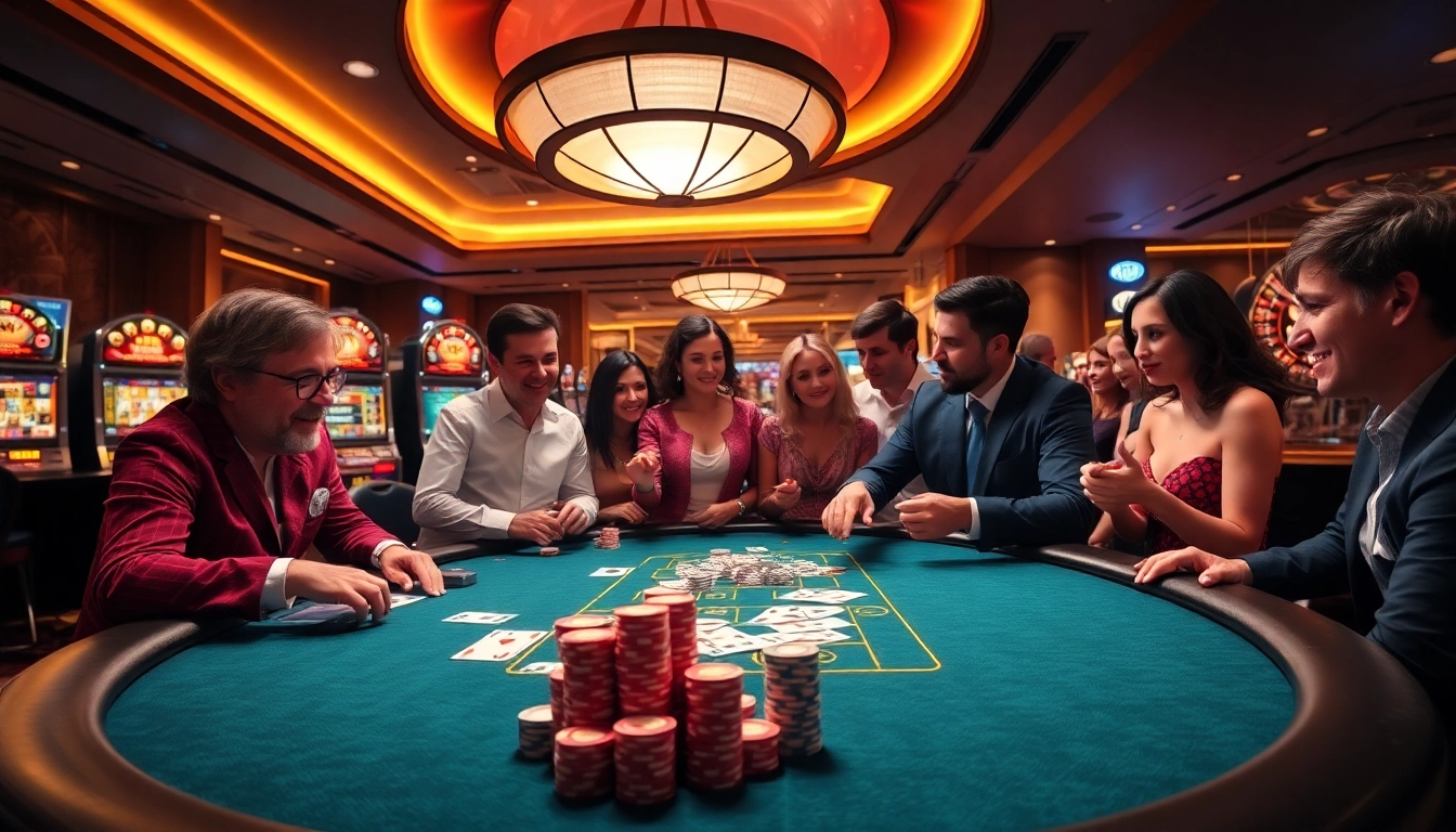 Excitement at the 32win casino with vibrant gambling action and luxurious decor.