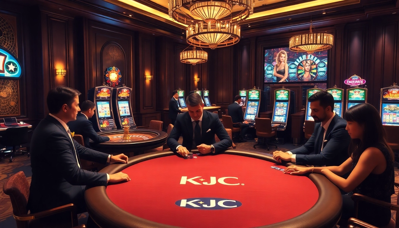 KJC players enjoying an exciting poker game in a sophisticated casino setting.
