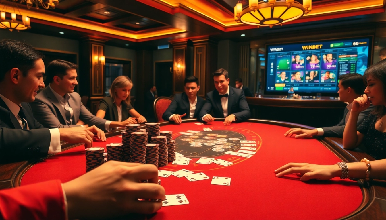 WINBET gaming scene with elegant poker players and vibrant casino atmosphere.