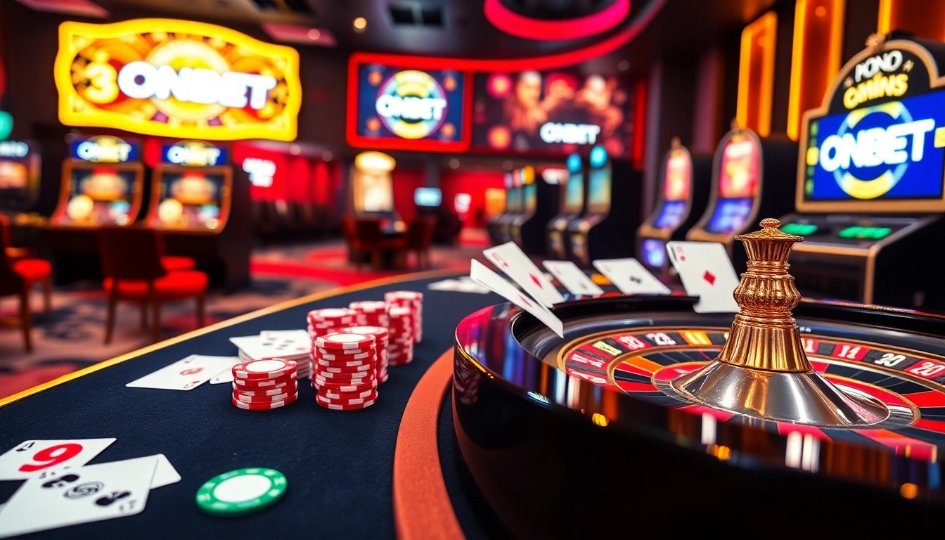 Experience the thrill of ONBET with a vibrant scene of casino gaming including poker chips and roulette.