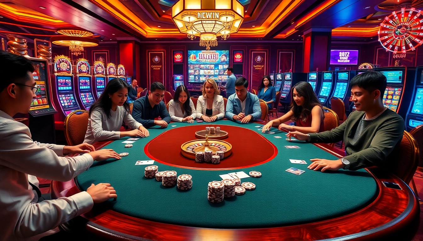 Experience the thrill of gaming at https://88okwin.com/ with a vibrant casino scene featuring poker and slot machines.