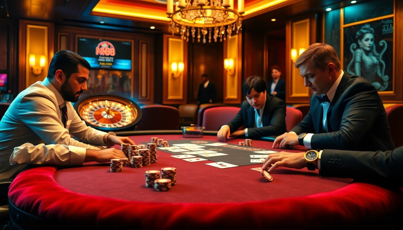 Experience the thrill of gambling with nh88 at a luxury casino poker table featuring intense players and vibrant chips.