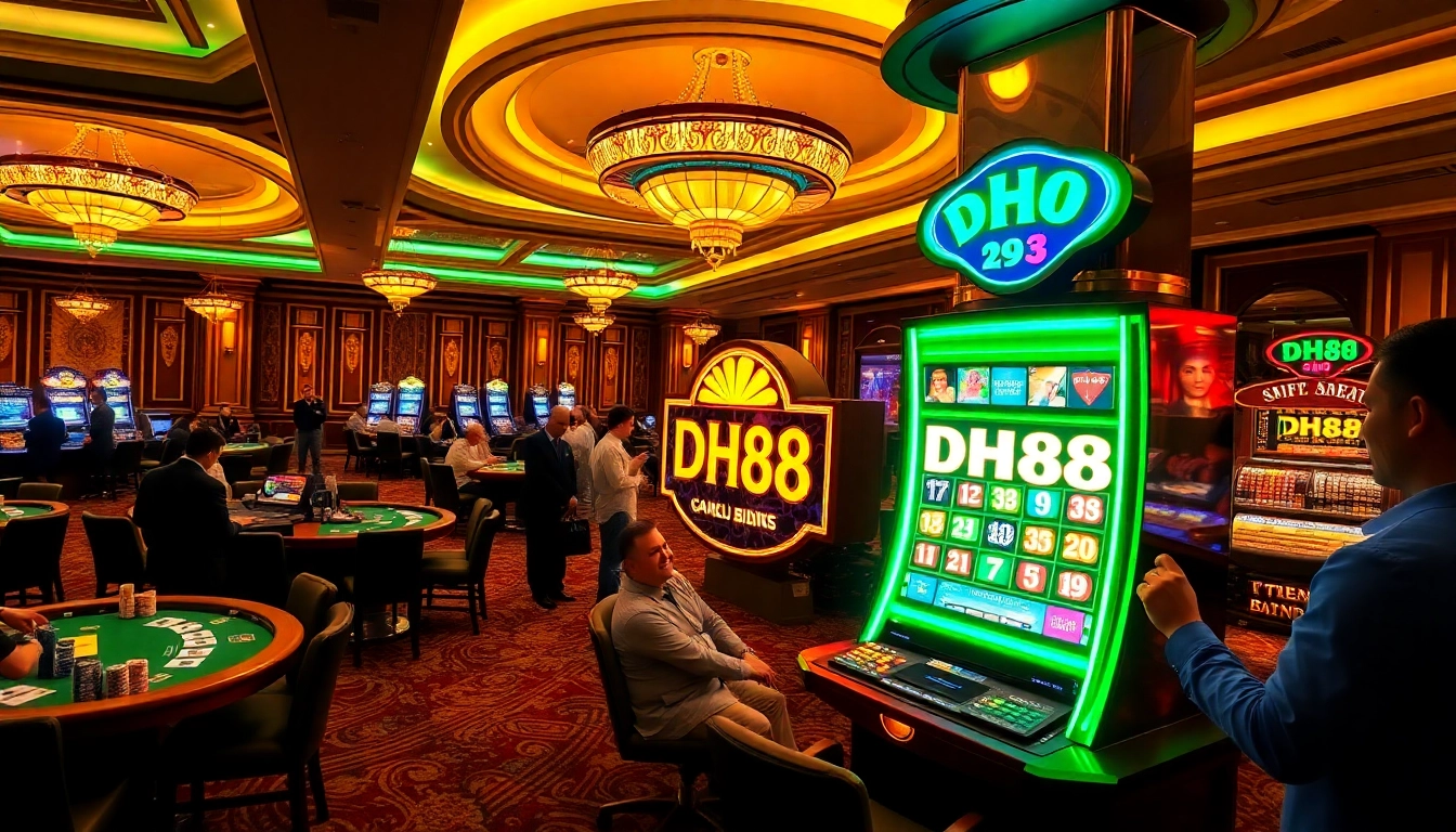 Players engaging with a dazzling DH88-themed slot machine in an upscale casino atmosphere.