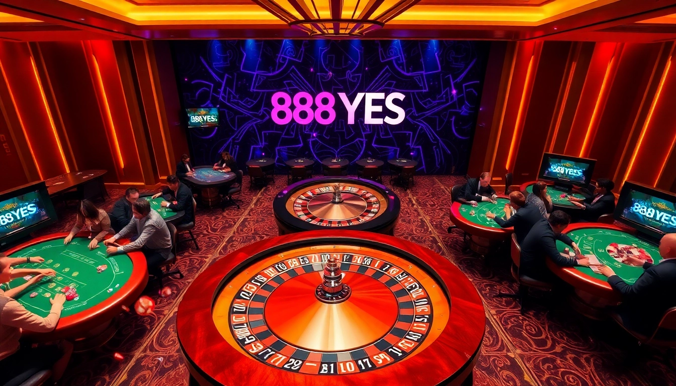 Exciting casino scene showcasing dynamic gameplay at 888YES tables with roulette, poker, and vibrant chips.