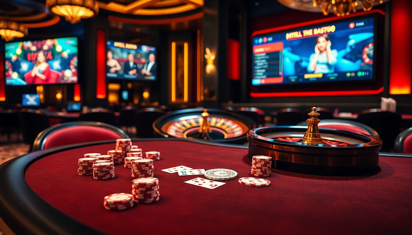 Poker game setup at https://dn882.pro/, featuring professional chips and cards in a luxurious casino.