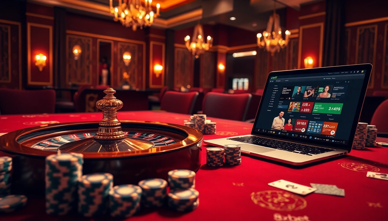 Engaging scene of a luxurious casino showcasing the 8xbet login interface amongst playing cards and roulette wheels.