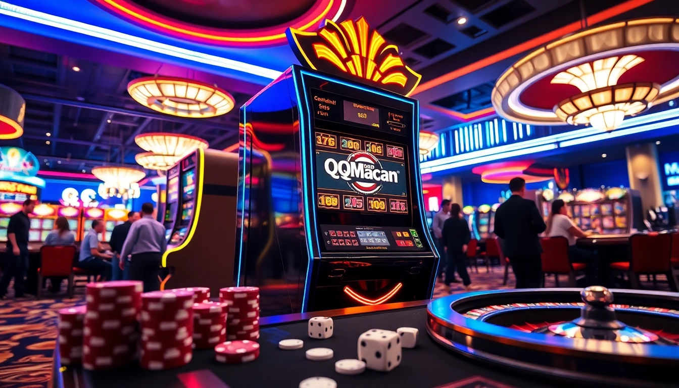 Experience the thrills at QQMacan's luxurious slot machine setup amidst vibrant casino vibes.