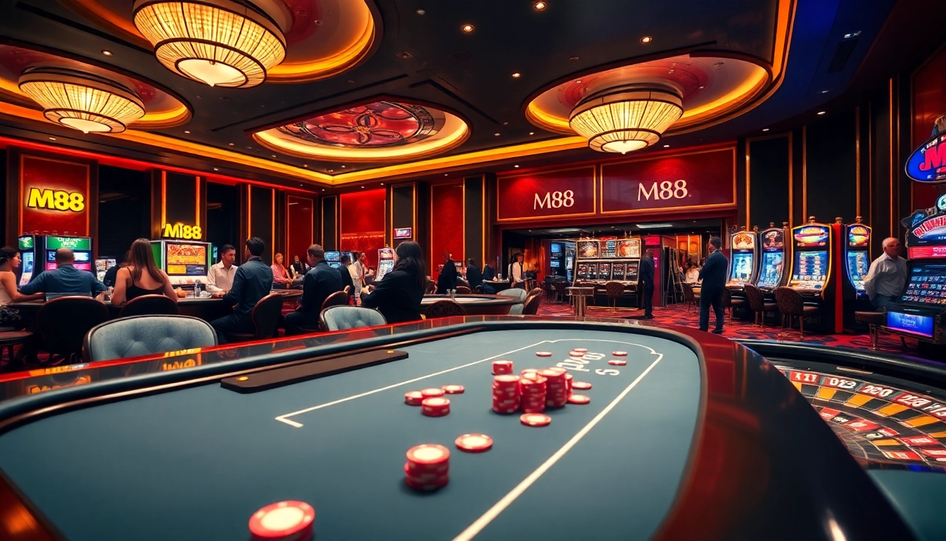 M88 casino players engaged at a luxurious poker table with vibrant chips and roulette.