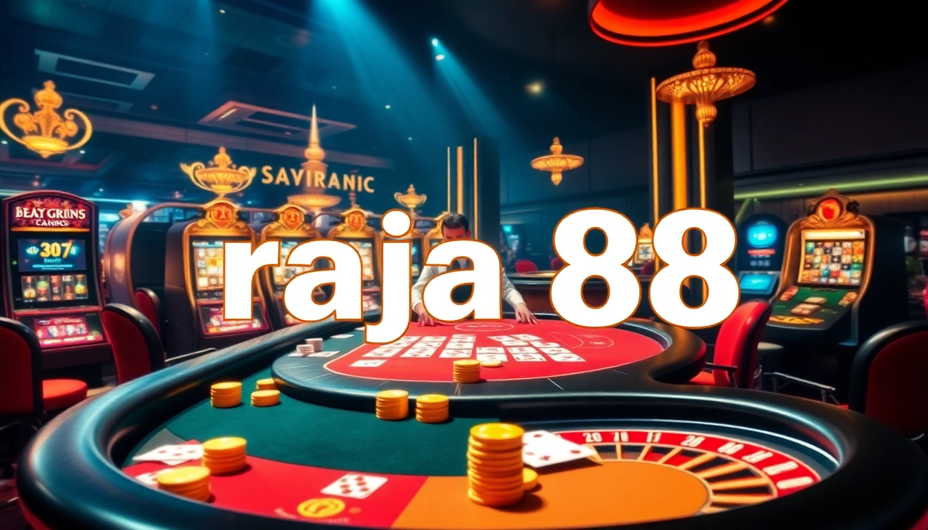 Engaging scene of players at raja 88 poker table with dazzling casino atmosphere.