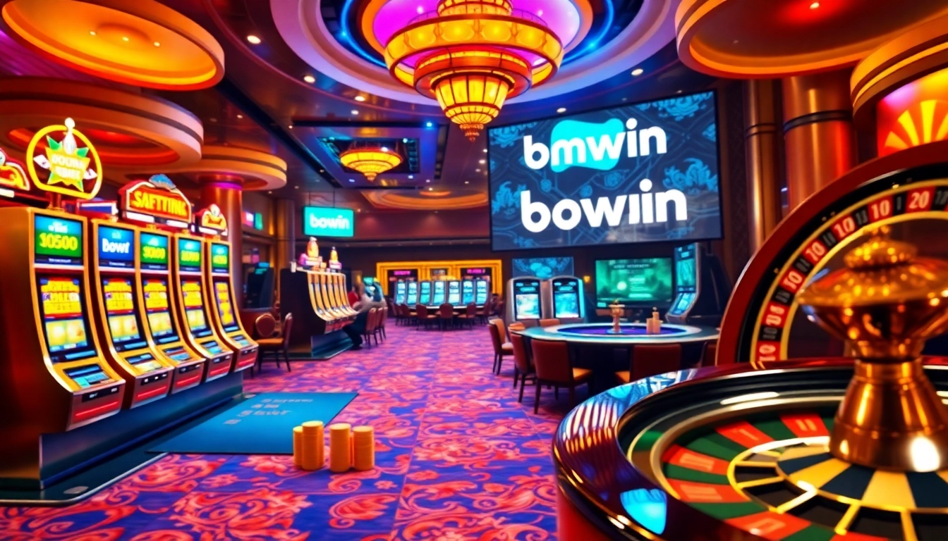 Players enjoying a thrilling poker game at bomwin casino with vibrant slot machines in the background.