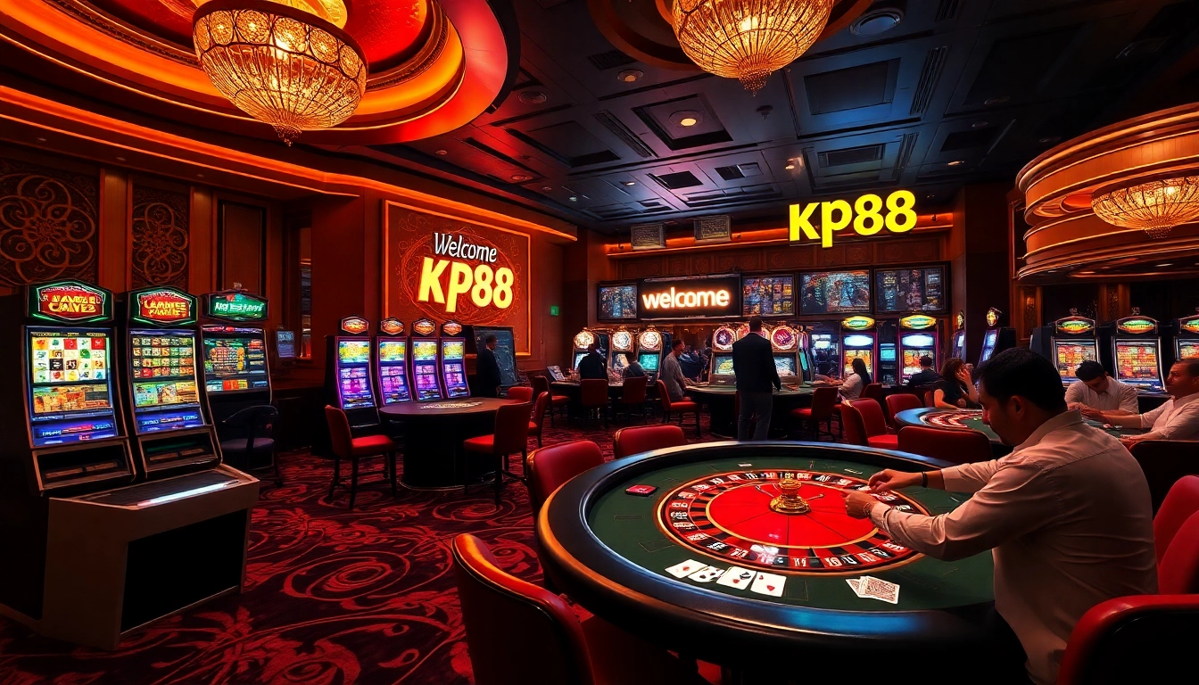 KP88 players winning big at a vibrant casino with exciting slot machines and roulette wheel.
