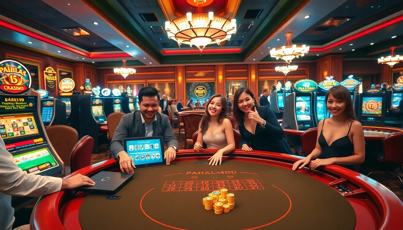 Pahala4d casino scene showing players excitedly engaging with high-quality gaming tables and vibrant slot machines.