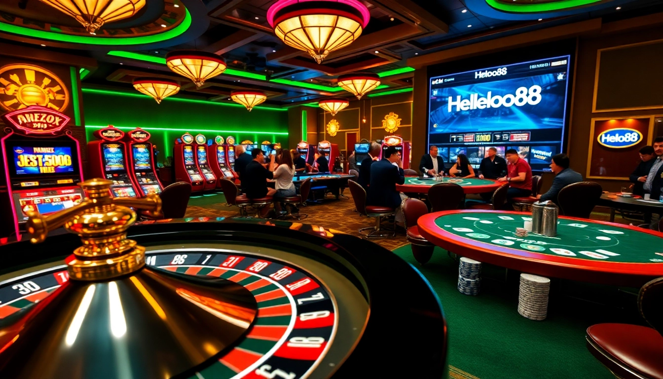 Players enjoying thrilling casino games like roulette and poker at Helloo88.