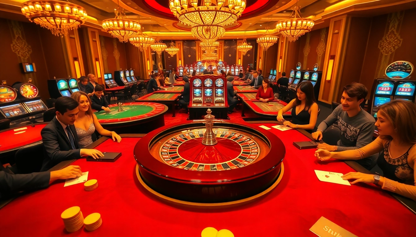 סצנת קזינו מסקרנת הכוללת משחקי פוקר Stake, רולטה, ומכונות מזל צבעוניות.