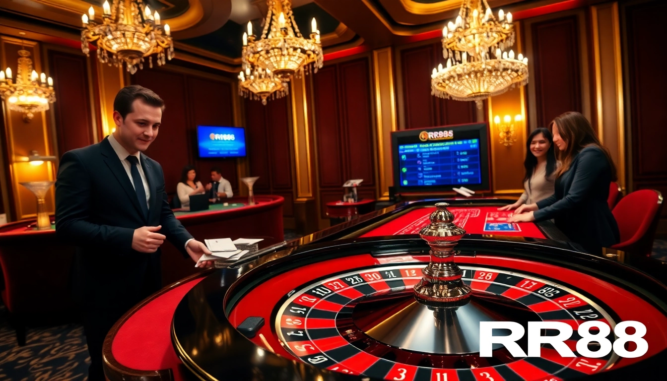 RR88 players engaging at a luxurious casino table, showcasing thrilling gambling excitement.