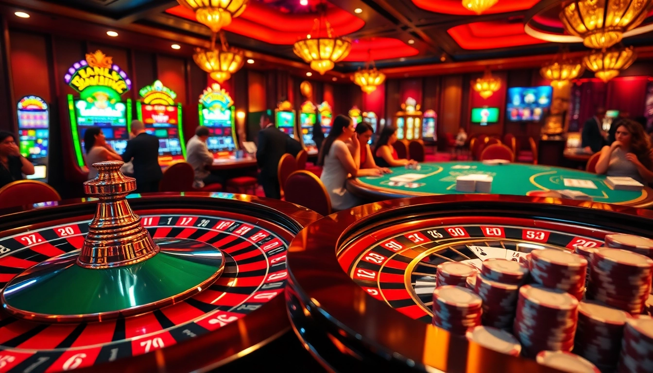 Immersive casino atmosphere highlighting engaging gambling action at https://vj88.com/ with roulette, poker, and slots.