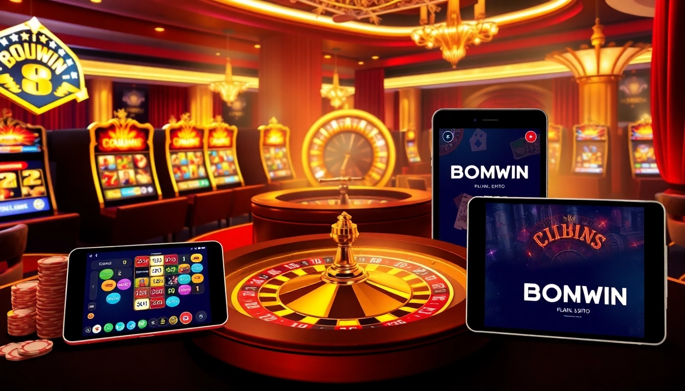 BOMWIN online casino table with vibrant chips and a roulette wheel, showcasing an exciting atmosphere.
