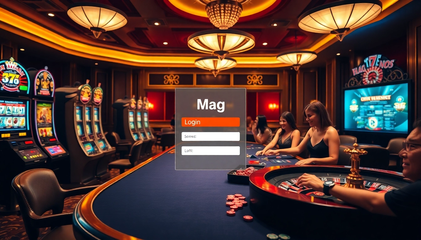 Players enjoying a luxurious casino scene with 'Mag Login' interface featured prominently.