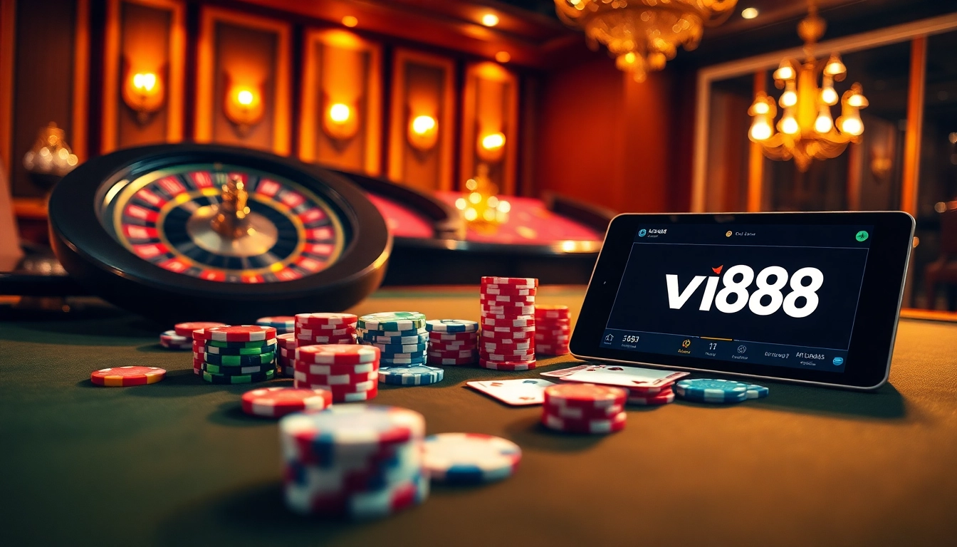 Experience the thrilling atmosphere of vn88 with vibrant poker chips and a spinning roulette wheel.