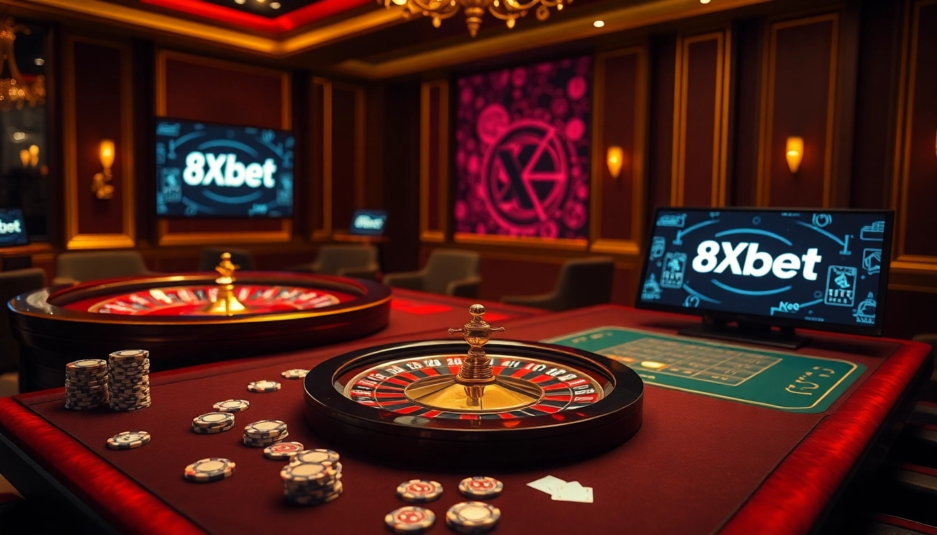 Experience thrilling online gaming with 8Xbet in a luxurious casino atmosphere featuring tables, chips, and roulette.