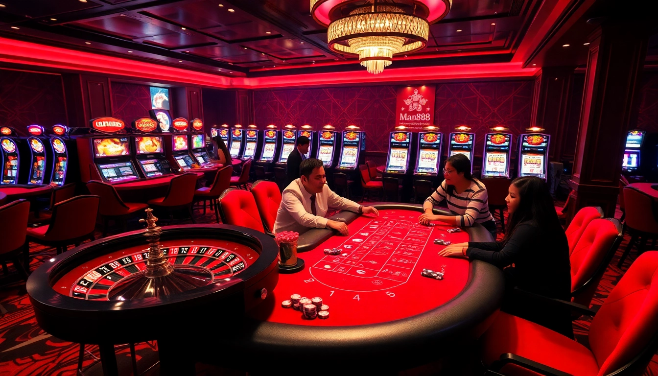 Experience the thrilling atmosphere of Man88 with luxury tables and vibrant casino games.