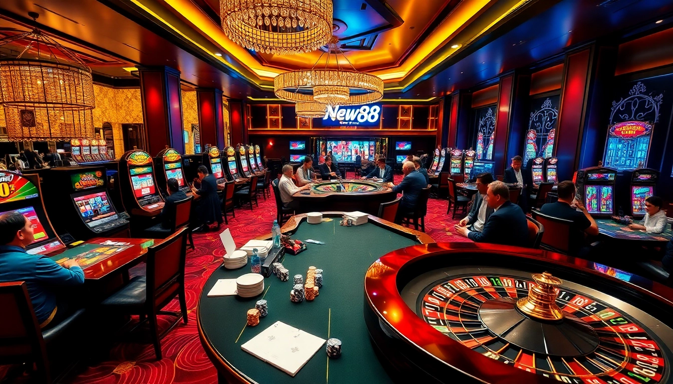 Exciting gameplay at New88 Casino with lively tables and vibrant slot machines.